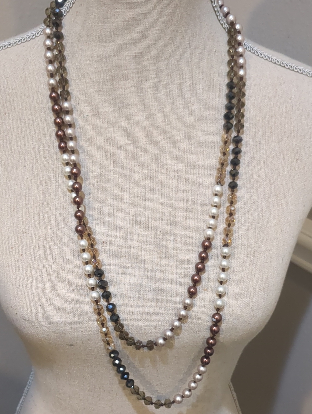 Multi-Strand Brown, Pearl & Gold Beaded Women's Necklace